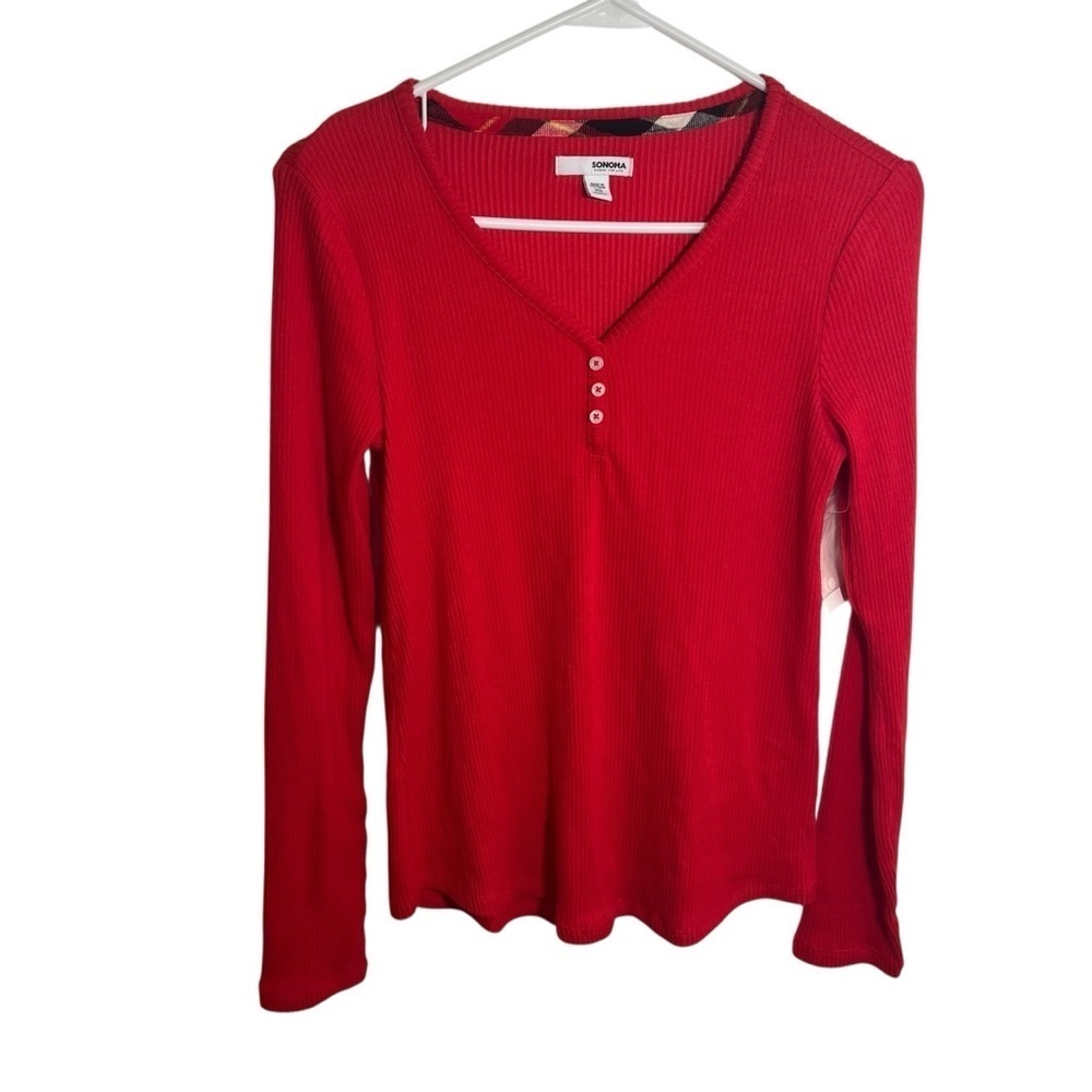 Sonoma Women's Size XS Henley Top Hyplad Red Long Sleeve‎ V-Neck Button Stretch